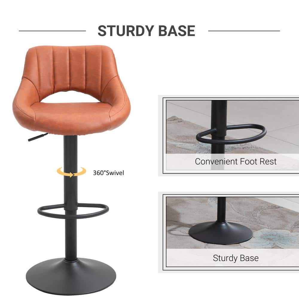Adjustable Swivel Barstool in Brown Leather with Metal Base