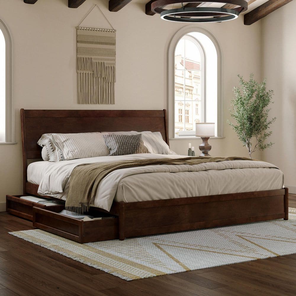 Casanova Dark Walnut King Wood Platform Bed with Storage Drawers