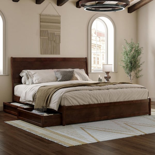 Casanova Walnut Brown Solid Wood Frame King Platform Bed with Panel Footboard and Storage Drawers