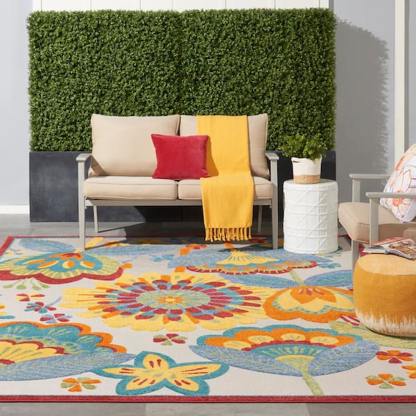 Aloha Multicolor 9 ft. x 12 ft. Floral Contemporary Indoor/Outdoor Patio Area Rug