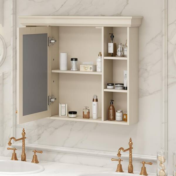 WELLFOR 35.5-in x 29-in Surface Mount Cream Beige Mirrored Soft Close Medicine Cabinet