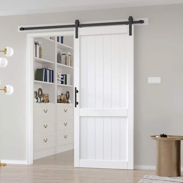 easelife 36 in. x 84 in. White DH Shape MDF Sliding Barn Door with Hardware Kit