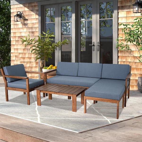 Cesicia Natural 4-Piece Wood Outdoor Sectional Set with Wooden Table Gray Cushions