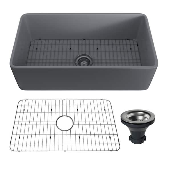 CASAINC Matte Gray Fireclay 33 in. Single Bowl Farmhouse Apron Workstation Kitchen Sink with Bottom Grid and Strainer