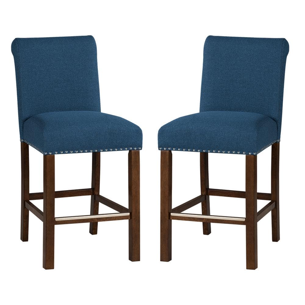Aubrey Blue Upholstered Wood Counter Stools with Nailhead Trim