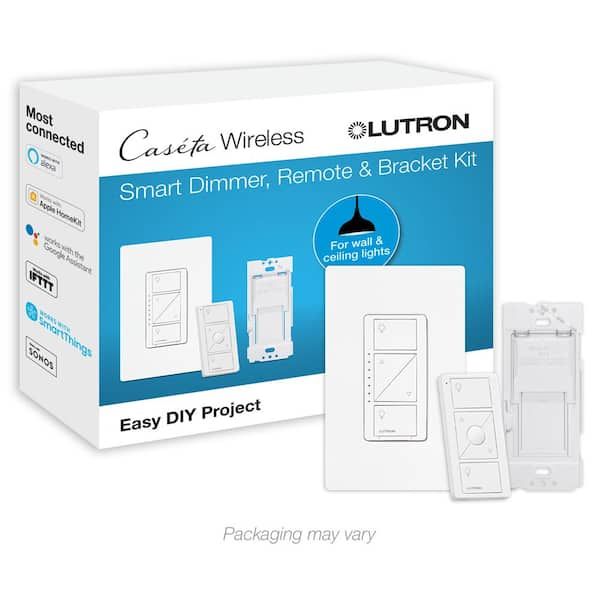 Lutron Caseta Smart Dimmer Switch and Remote Kit with Bracket, 150-Watt LED Bulbs, White (P-PKG1BW-WH-R)
