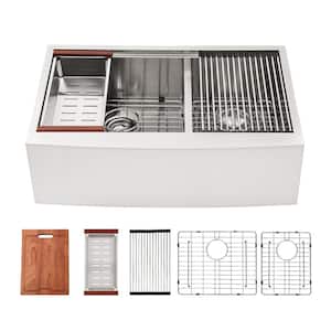 33 in. Low-Divide Farmhouse/Apron Front Double Bowl 16 Gauge Stainless Steel Workstation Kitchen Sink with Bottom Grid
