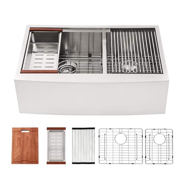 33 in. Low-Divide Farmhouse/Apron Front Double Bowl 16 Gauge Stainless Steel Workstation Kitchen Sink with Bottom Grid