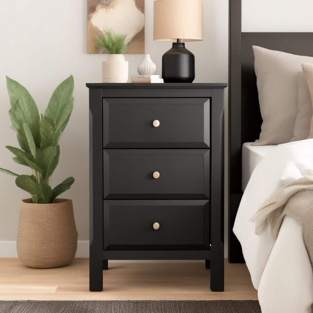Transitional Black 3-Drawer Rectangular Nightstand