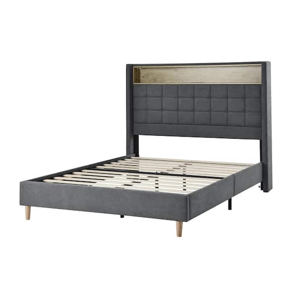 JAYDEN CREATION Candido Modern Gray Wooden Frame 62 in. Queen-Platform Bed with Power Outlets