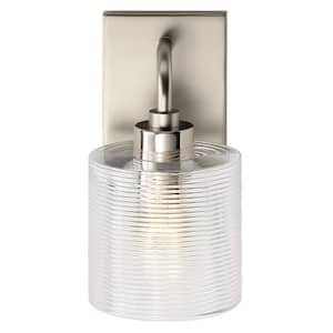 Harvan 9.25 in. 1-Light Satin Nickel Bathroom Indoor Wall Sconce Light with Clear Ribbed Glass