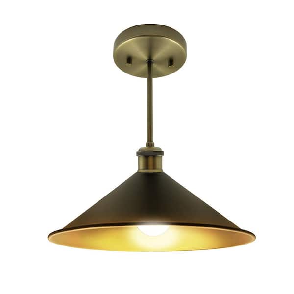 11.75 in. 1-Light Vintage Bronze Semi-Flush Mount Ceiling Light with Black Metal Shade, 1 x E26 Bulb Included