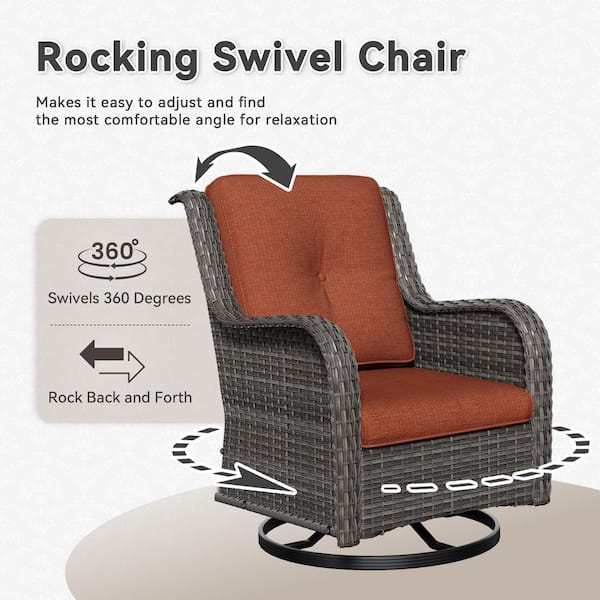 6-Piece Wicker Outdoor Sectional Set with Ottomans, Swivel Rocking Chair and Orange Cushions