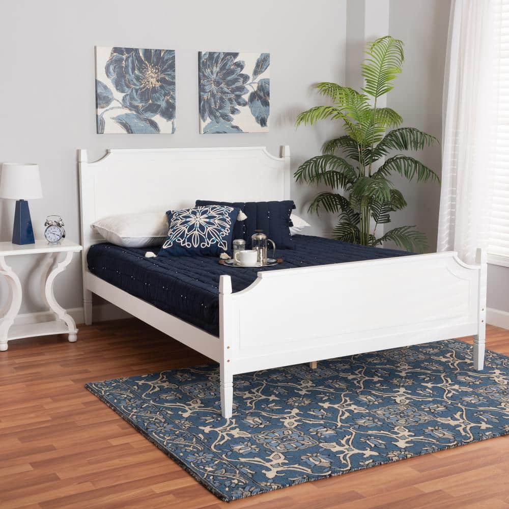 Elegant White Queen Platform Bed with Wood Frame and Upholstered Headboard