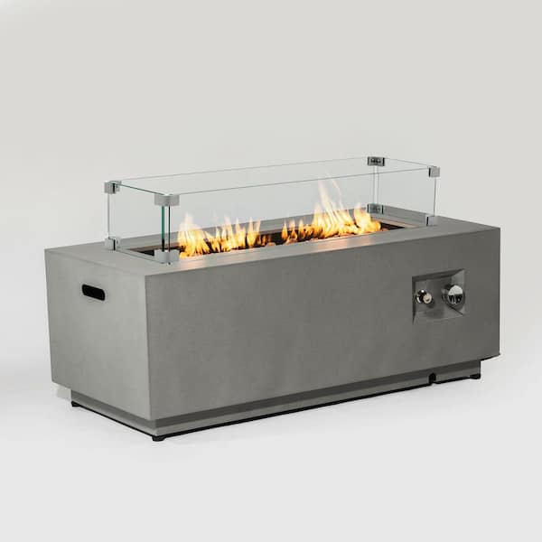Tenleaf 42 in. Gray Rectangle Steel Propane Fire Pit Table with Glass Wind Guard