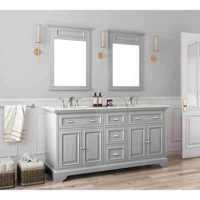 Sadie 67 in. W x 22 in. D x 35 in. H Double Sink Freestanding Bath Vanity in Gray w/ Lightly Veined White Marble Top