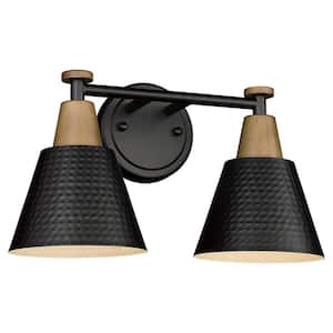 Modern 14.8 in. 2-Light Wall Sconces Black Bathroom Light Fixtures Vanity Light with Hammered Metal Shade (1-Pack)