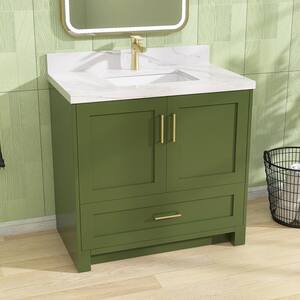 36 in. W x 22 in. D x 35 in. H Single Sink Freestanding Bath Vanity in Green with White Carrara Marble Top and Basin