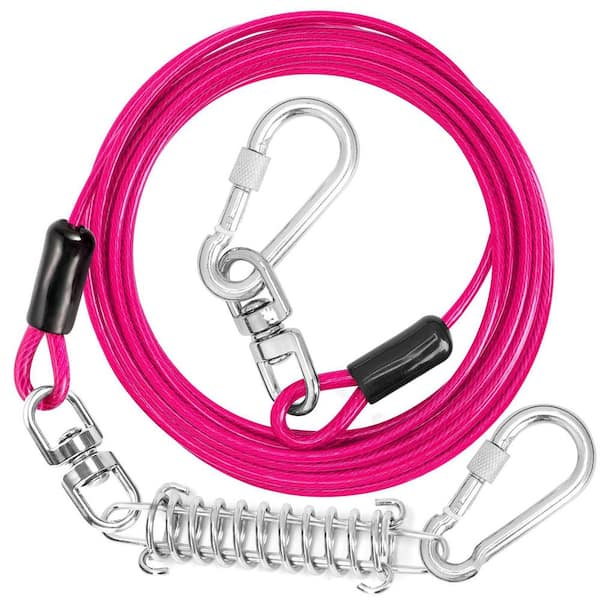 15 ft. Dog Leash Runner Cable with Swivel Hook and Shock Spring for Yard and Camping, Pink