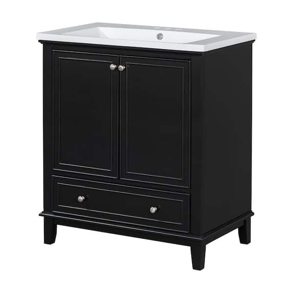 30 in. Freestanding Black Bath Vanity with White Ceramic Top Doors and Drawer