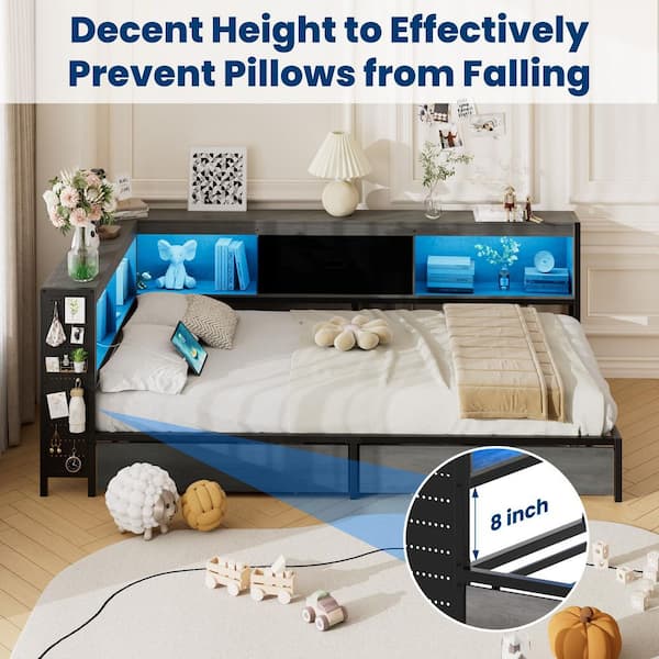 Lusimo Gray Metal Frame LED Twin Size Corner Platform Bed with