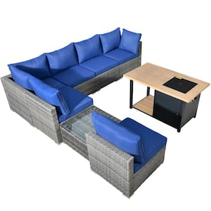 Messi Gray 8-Piece Wicker Outdoor Patio Conversation Sectional Sofa Set with a Storage Fire Pit and Navy Blue Cushions
