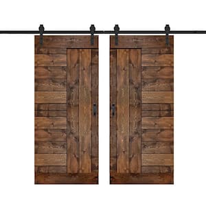 L Series 72 in. x 84 in. Dark Walnut Finished Solid Wood Double Sliding Barn Door with Hardware Kit - Assembly Needed