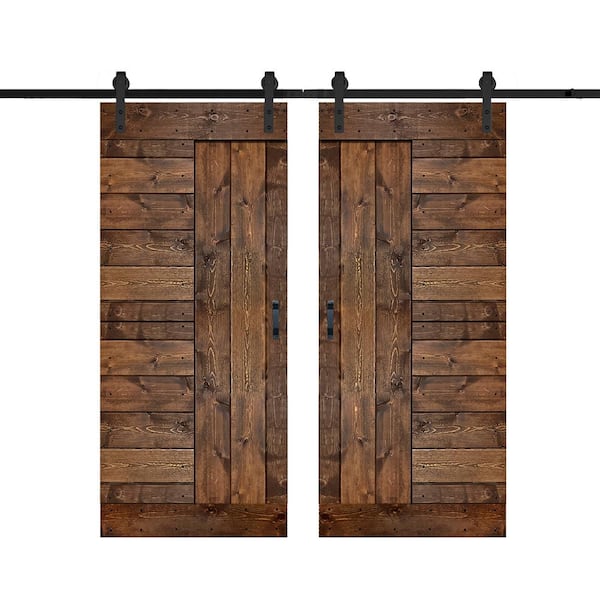 ISLIFE L Series 72 in. x 84 in. Dark Walnut Finished Solid Wood Double Sliding Barn Door with Hardware Kit - Assembly Needed