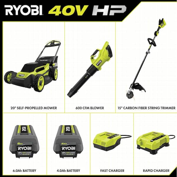 40V HP Brushless 20" Cordless Battery Walk Behind Self-Propelled Lawn Mower, Trimmer, Blower with Batteries and Chargers