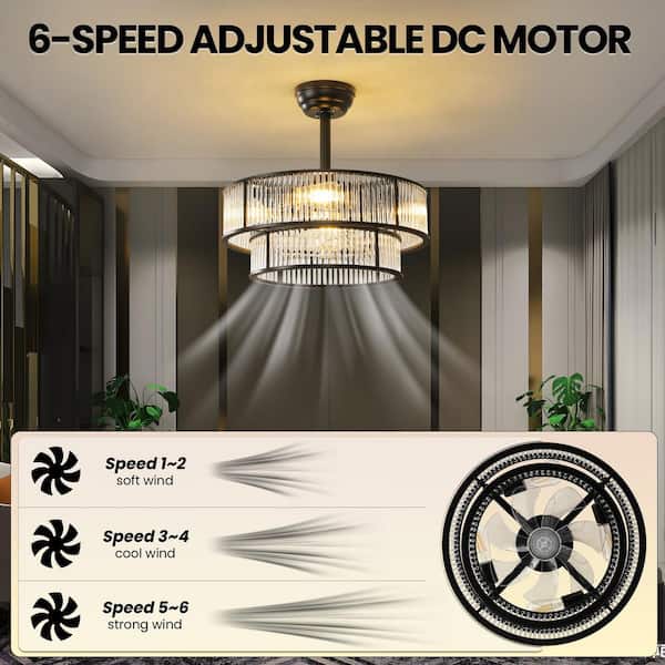20 in. Indoor Black Enclosed Caged Crystal Layered Ceiling Fan with Light and Remote Control 6-Speed Reversible Motor