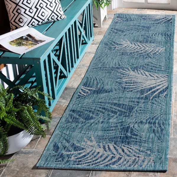 Courtyard Aqua/Navy 2 ft. x 8 ft. Border Palm Leaf Indoor/Outdoor Runner Rug