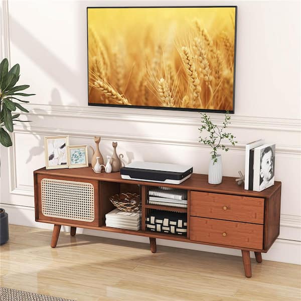 Brown TV Stand Fits TVs up to 65 in. with PE Rattan Door and 2-Drawers