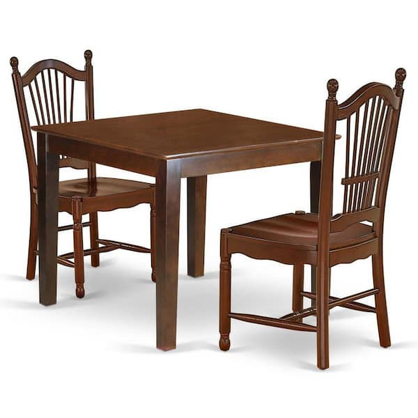 East West Furniture 3-Piece Mahogany Finish Square Solid Wood Top Dining Table Set