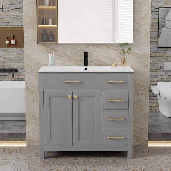 eclife 36 in. W x 19 in. D x 34 in. H 1-Sink Freestanding Bath Vanity in Gray with White Ceramic Top and Drain Faucet Set