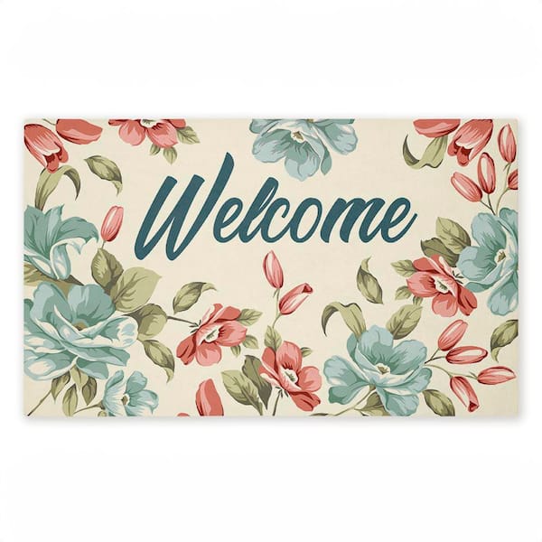Bright Florals Welcome White 18 in. x 30 in. Polyester Non-Slip Outdoor Door Mat