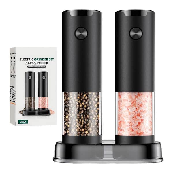 Electric Salt & Pepper Grinder Set w/ Adjustable Coarseness, LED Light, Large Capacity, Ceramic Blades (2 Pack, Black)