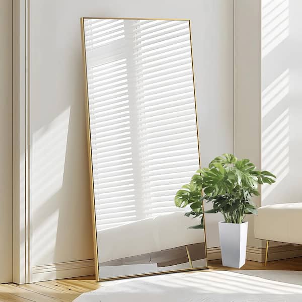 Lirago 27 in. W x 63 in. H Rectangular Metal Framed Full Length Wall Mirror Free Standing Mirror in Gold
