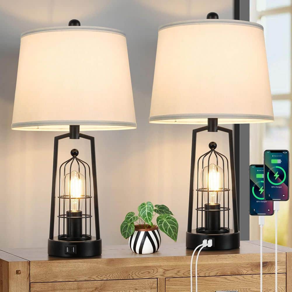 Nordic Hygge 22 in. Farmhouse Industrial Table Lamp with USB Ports