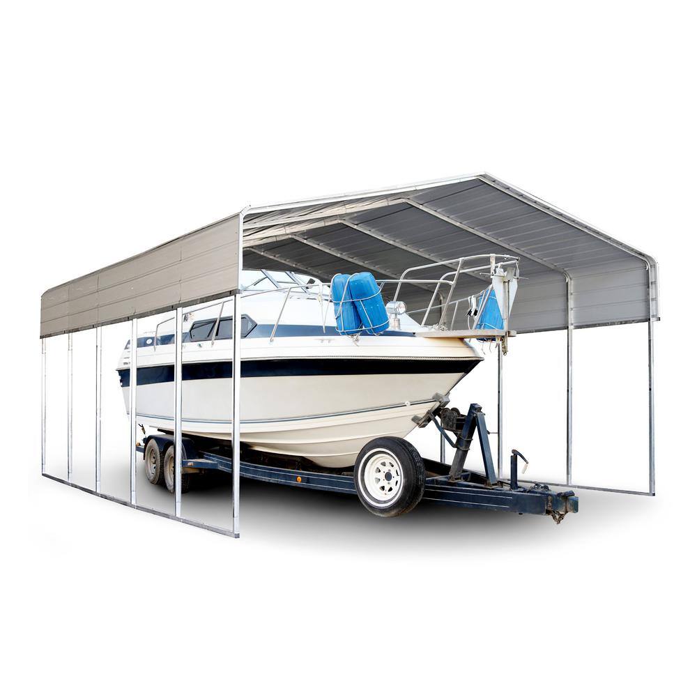 Gray Galvanized Steel Carport with Corrugated Roof Panels