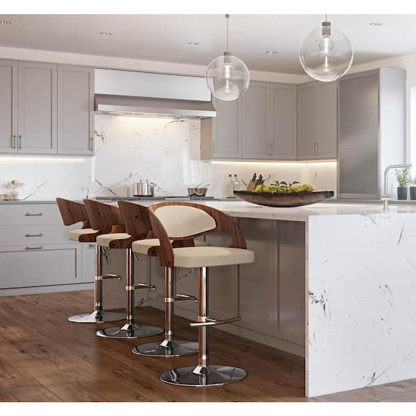 Pino 33 in. Cream Faux Leather, Chrome Metal, and Walnut Wood Adjustable Barstool (Set of 3)