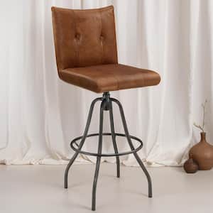 Fiolo 29.92 in Seat Height Cognac Biscuit Genuine Leather Swivel Barstool with Metal Frame