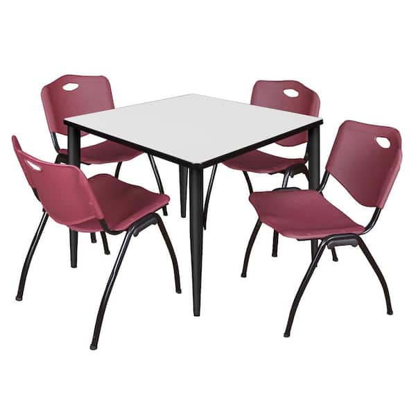 Regency Trueno 42 in. Square White and Black Wood Breakroom Table and 4-Burgundy 'M' Stack Chairs (Seats-4)