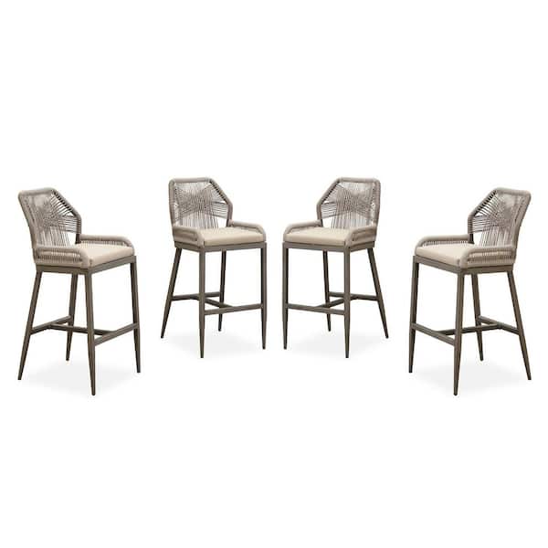 Modern Aluminum Twill Wicker Woven Bar Height Outdoor Bar Stool with Back and Sunbrella Khaki Cushion (4-Pack)