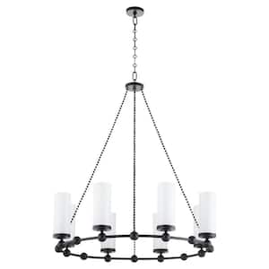 Lee BLVD 60-Watt 2.0 8 Light Matte Black Chandelier Light with White Fluted Glass Shade, No Light Bulb Included