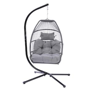 3.5 ft. Outdoor Patio Free Standing Hanging Folding Egg Chair, Rattan Swing Hammock Chair with Cushion, Light Beige