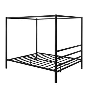 Black Queen Size Metal Canopy Bed with Built in Headboard