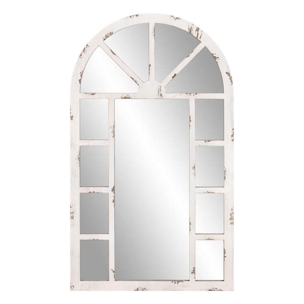 Pinnacle Medium Rectangle Distressed, Distressed White Windowpane Wall Mirror With Hooks
