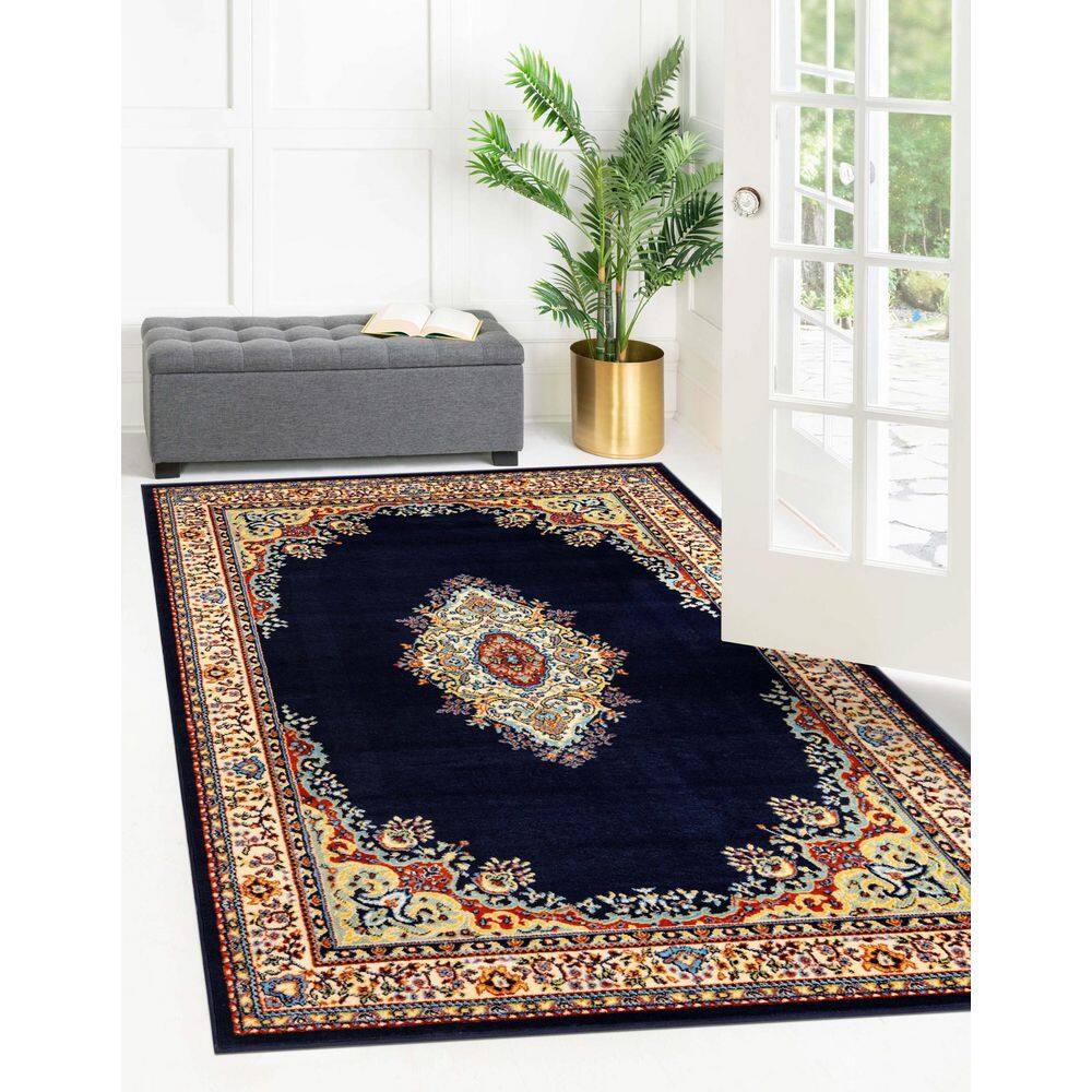 Navy Blue Medallion 8' x 10' Easy-Care Synthetic Rectangular Rug