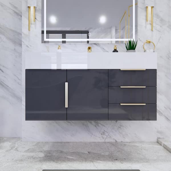 Bethany 42 in. W x 20 in. D x 22 in. H Single Sink Floating Bath Vanity in Gloss Gray with White Acrylic Top