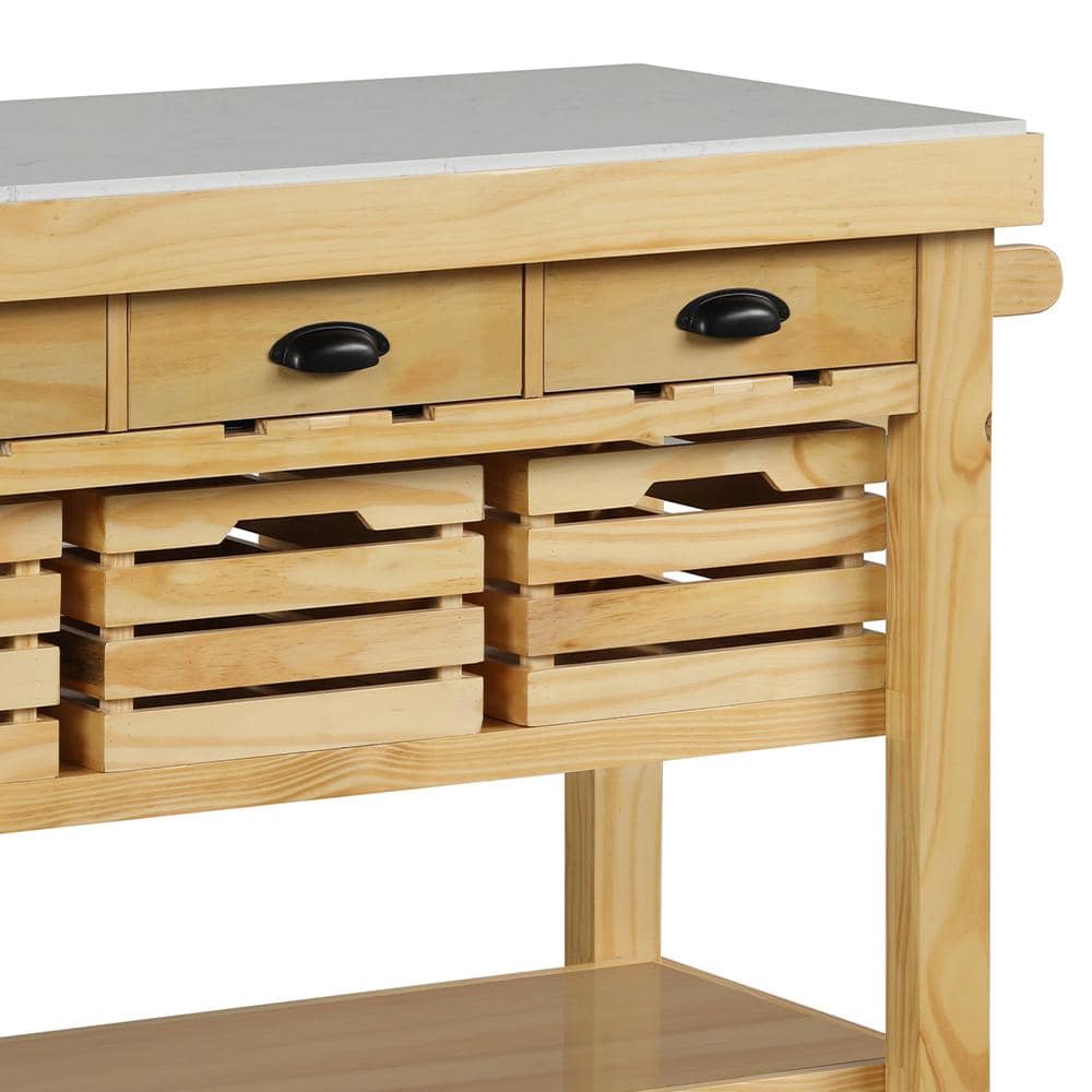 Natural Pine Kitchen Island with Marble Top and Storage